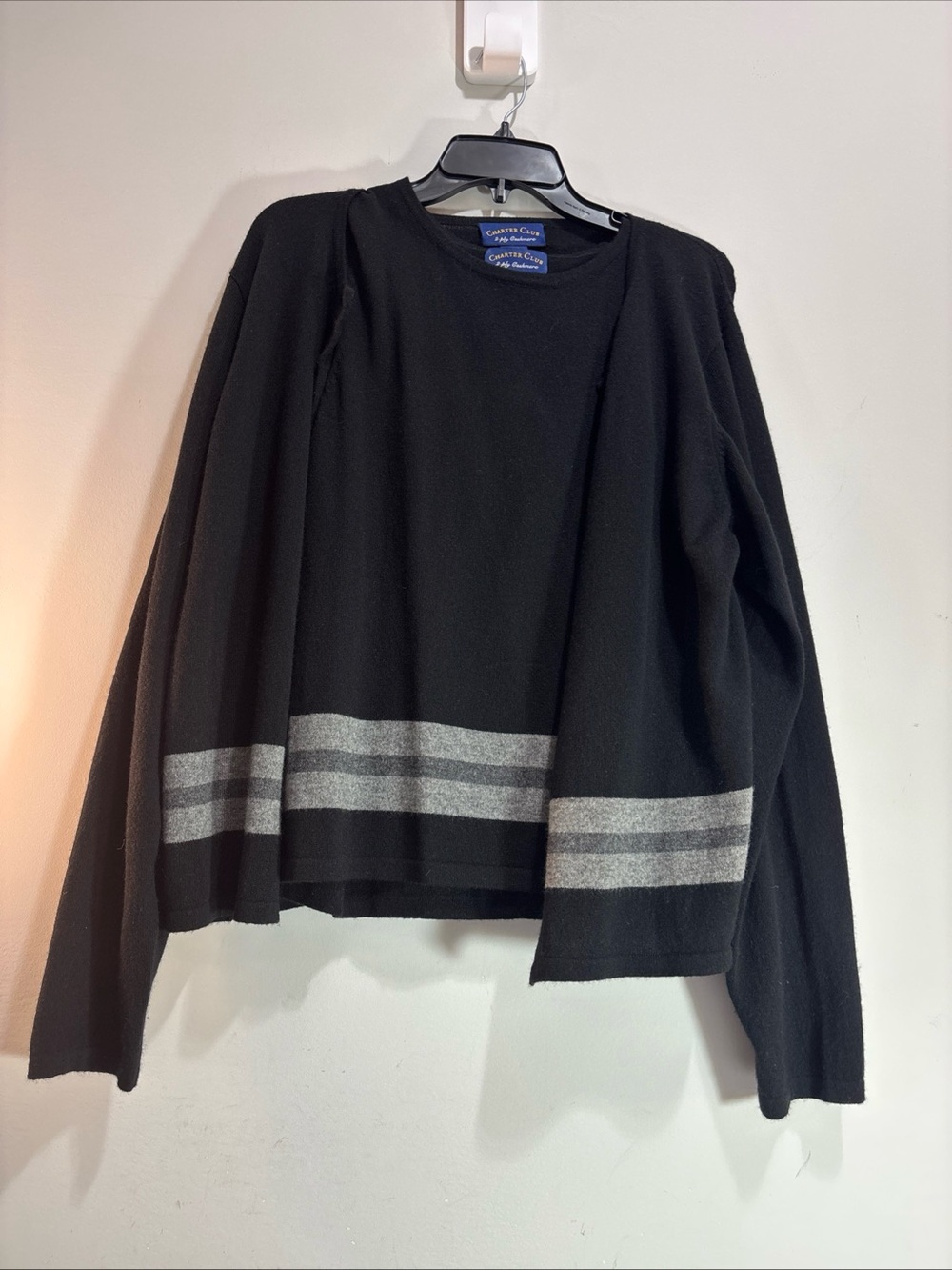 Charter Club Womens 2 piece Black Crewneck Sweater /Vest with Gray Stripes
